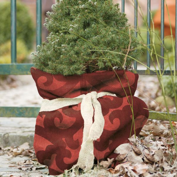Jutesack als Winterschutz Ornament-Design rot